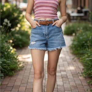 Hollister Light Blue Jean Shorts Frayed Hem High Rise Mom Denim Shorts Cut Offs